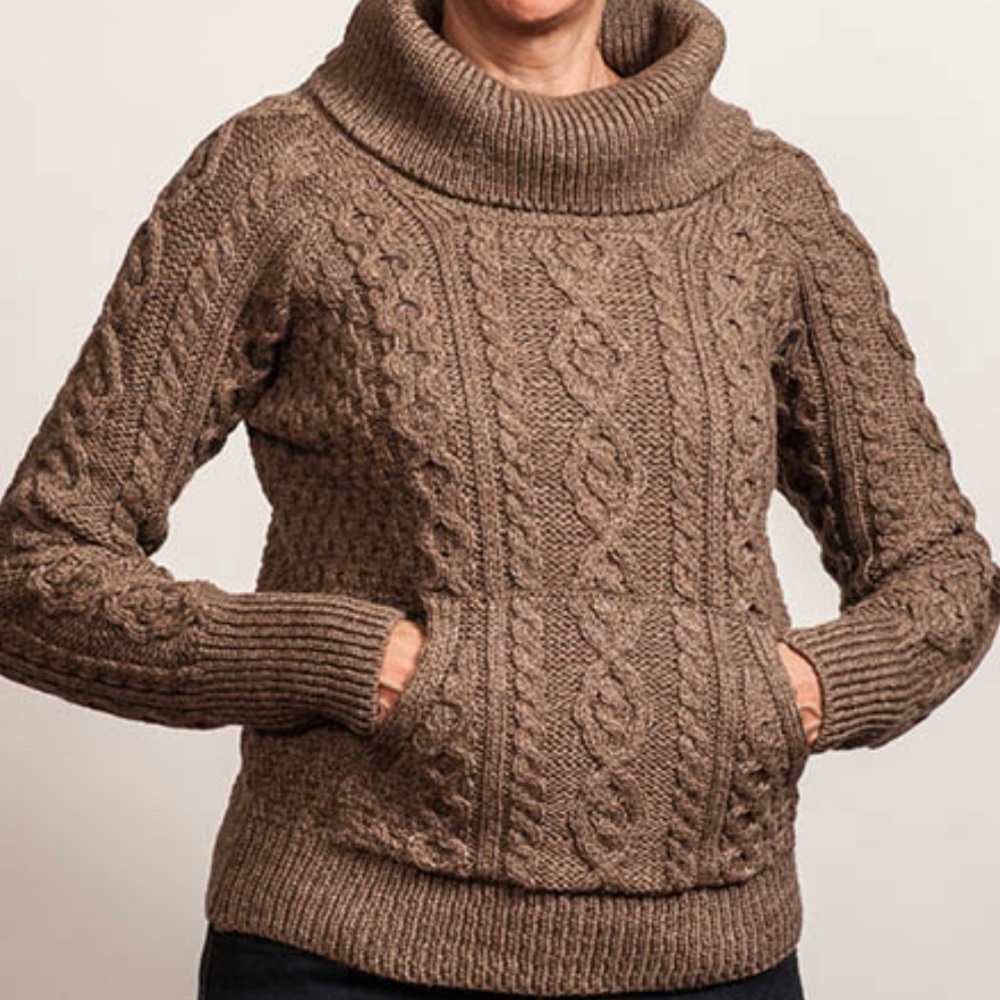 Carraig Donn Women's brown Irish Wool cable knit roll neck Sweater, size medium